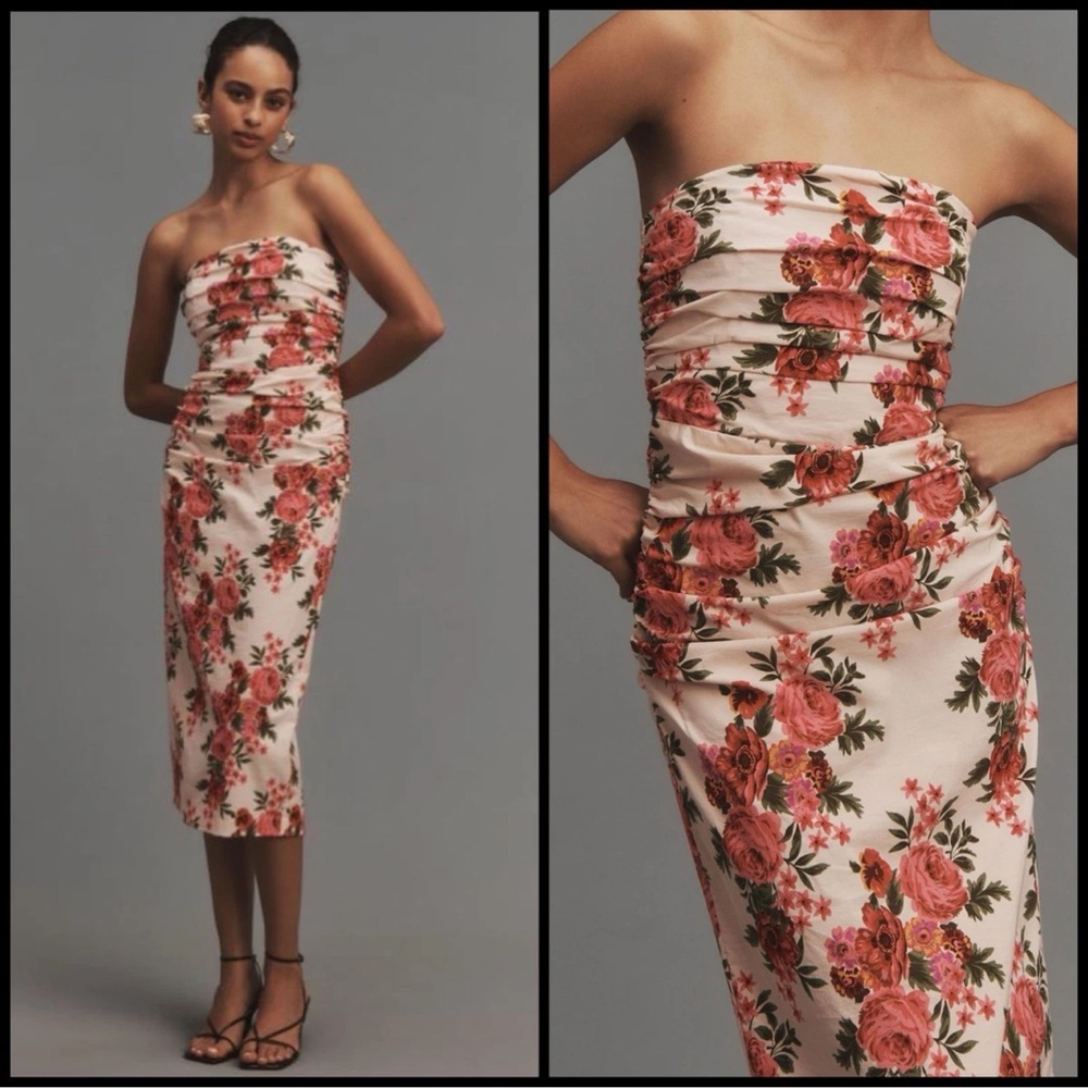 Anthropologie Strapless Pink Floral Ruched Midi Dress